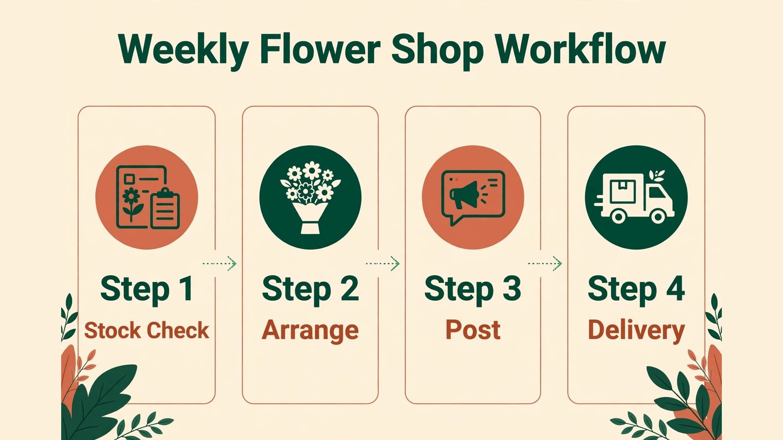 Infographic of a weekly flower shop workflow using AI tools
