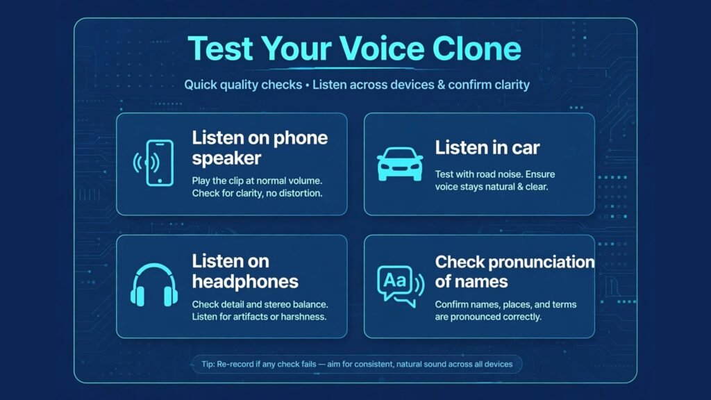 Voice clone quality testing guide infographic