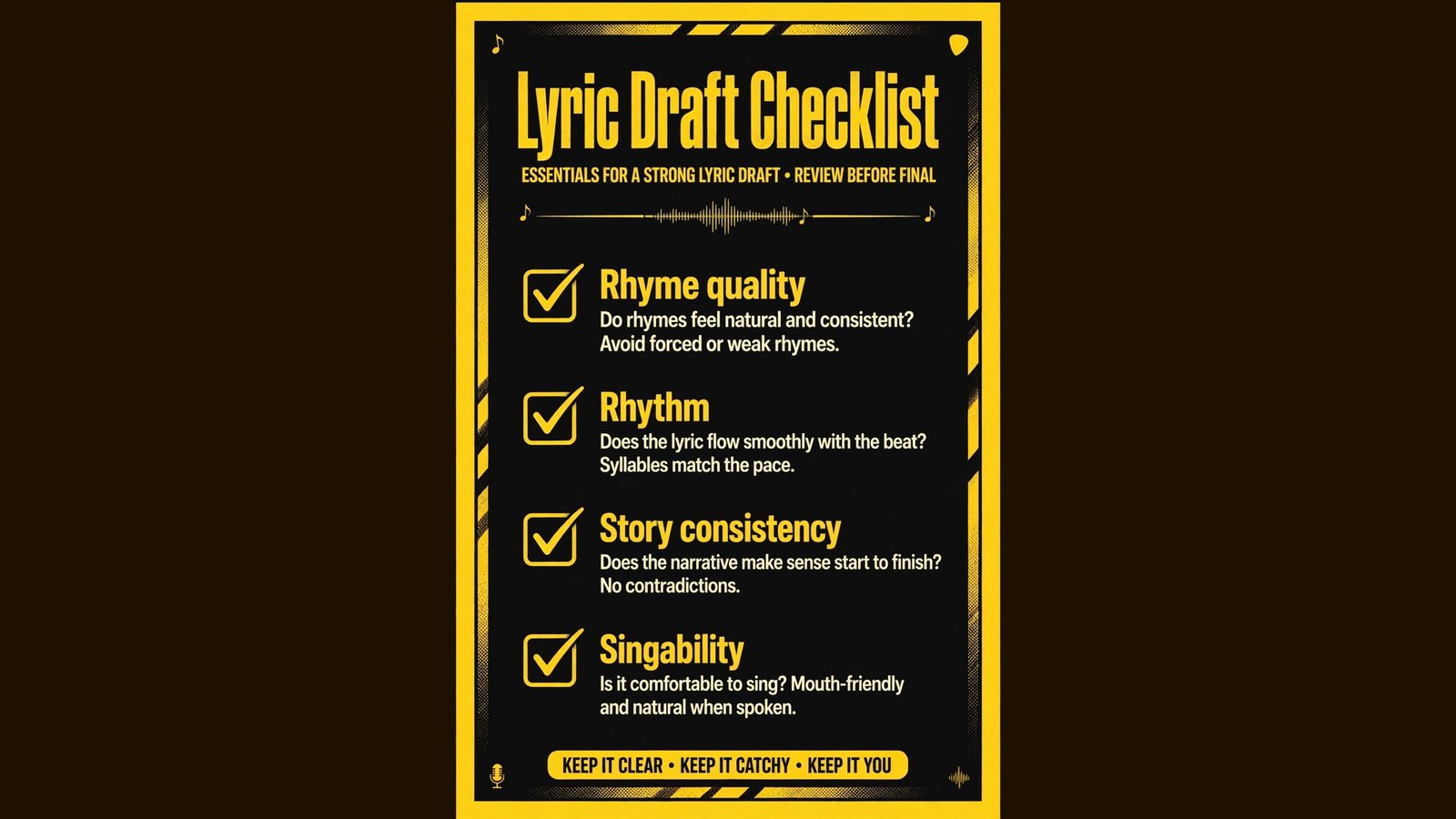 Lyric draft checklist for rhyme rhythm story and singability