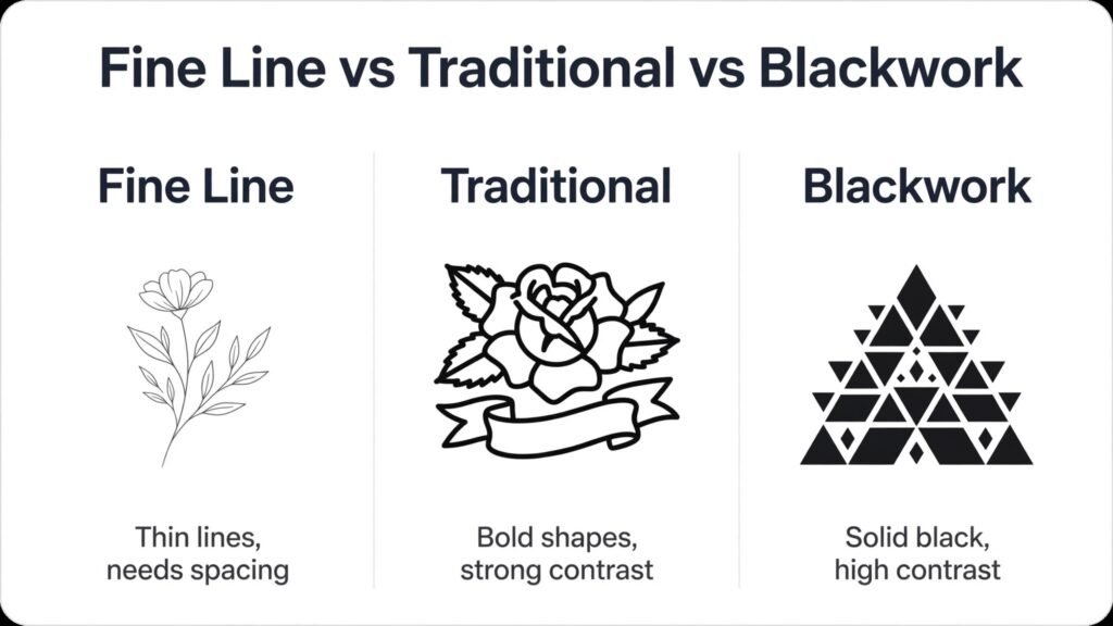Infographic showing fine line, traditional, and blackwork tattoo styles