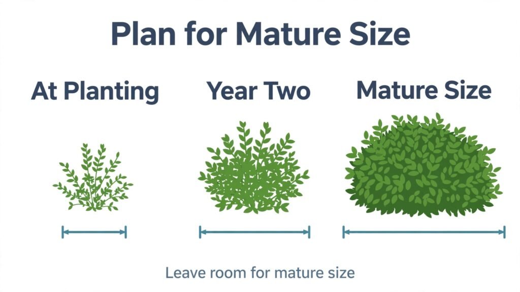Infographic showing mature plant size and spacing over time