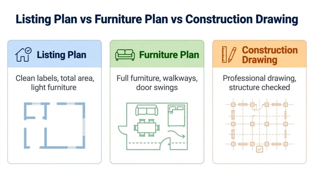 Infographic comparing listing plan, furniture plan, and construction drawing