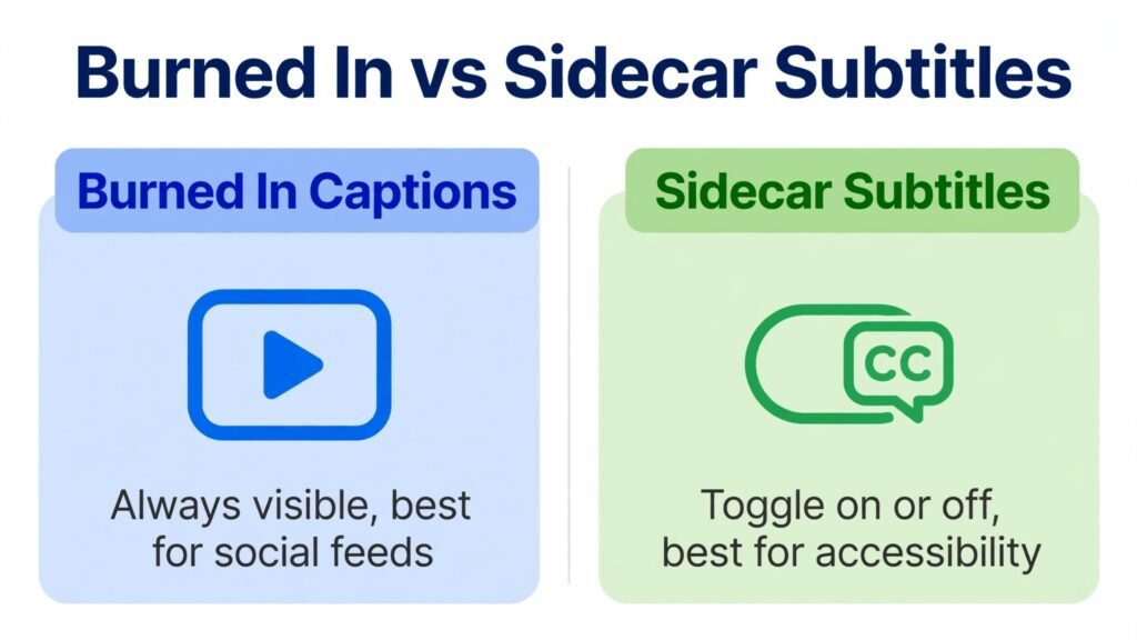 Infographic comparing burned in captions and sidecar subtitles