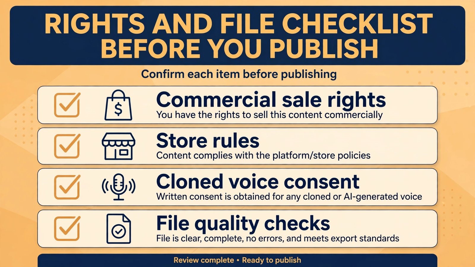 Infographic checklist for AI audiobook rights and store file quality