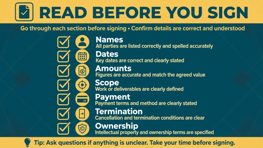 Infographic checklist for reading a generated contract before signing