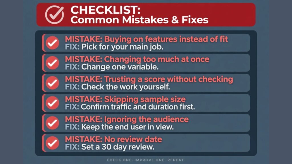 Checklist of common mistakes and fixes for tools in this guide.