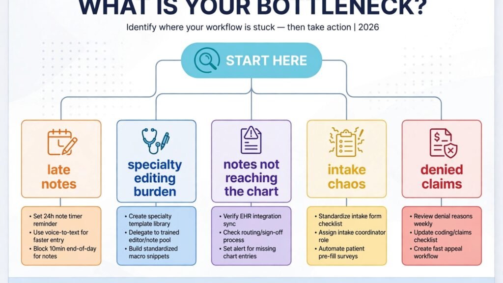 Decision flowchart, pick the right clinic scribe tool for your bottleneck