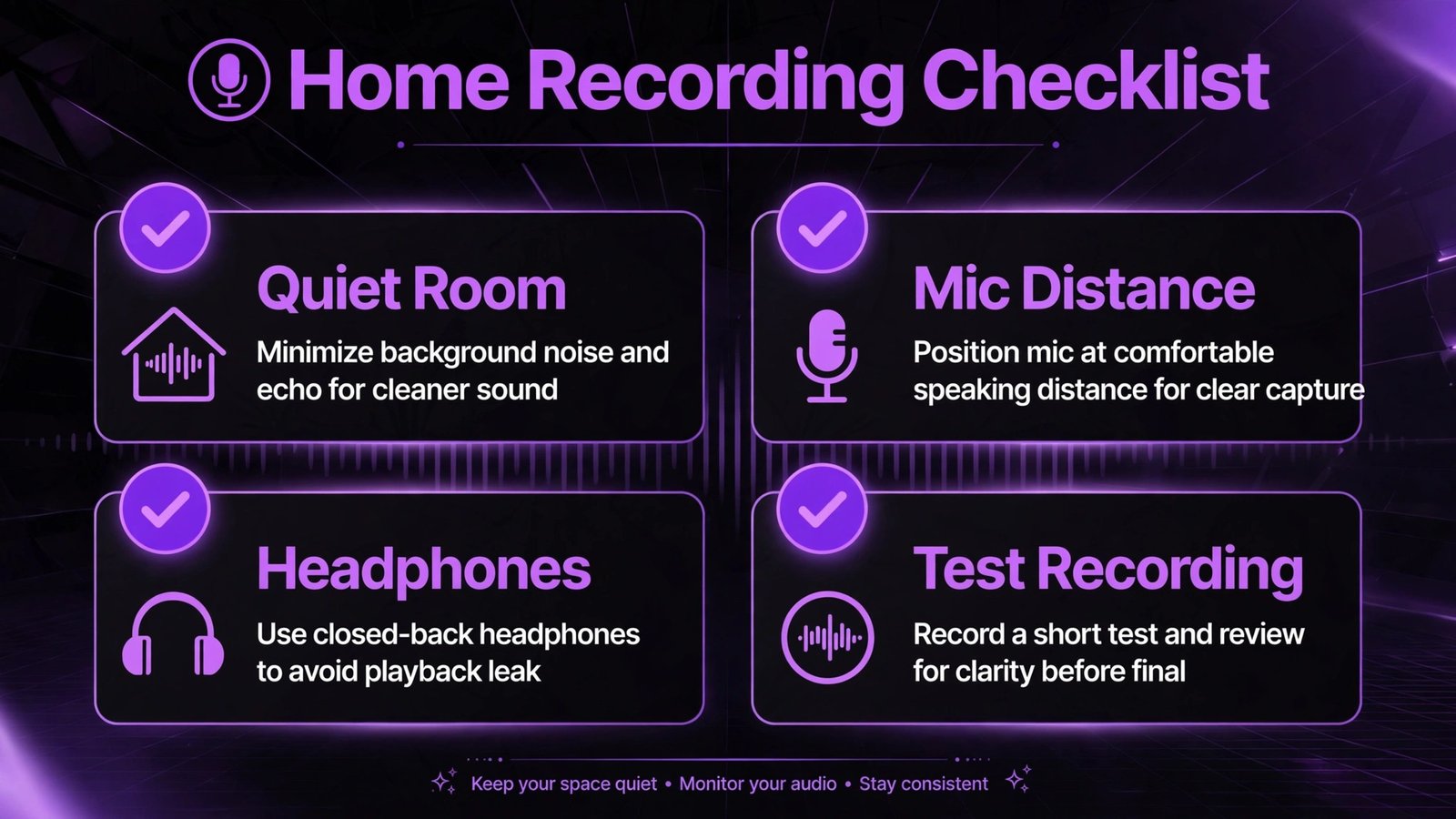 Home podcast recording checklist infographic