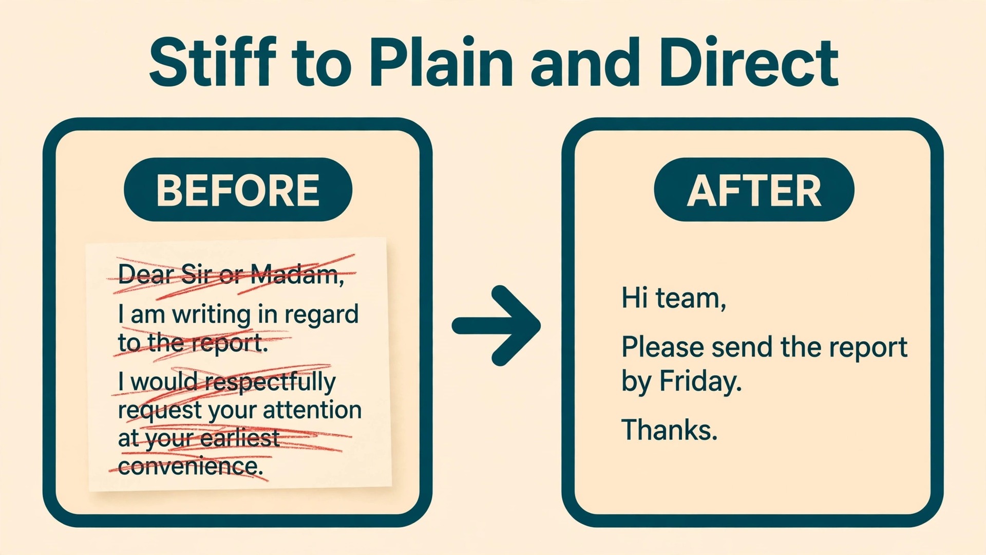 Before and after example of tone calibration in a professional email
