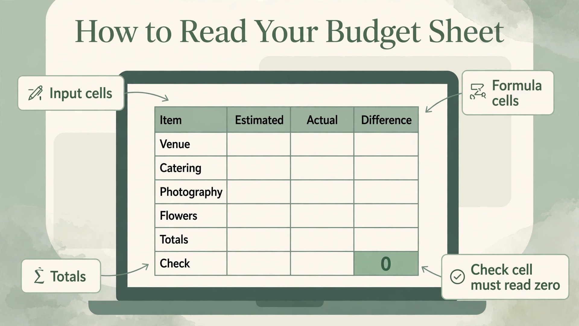 Annotated wedding budget sheet showing inputs formulas totals and check cell