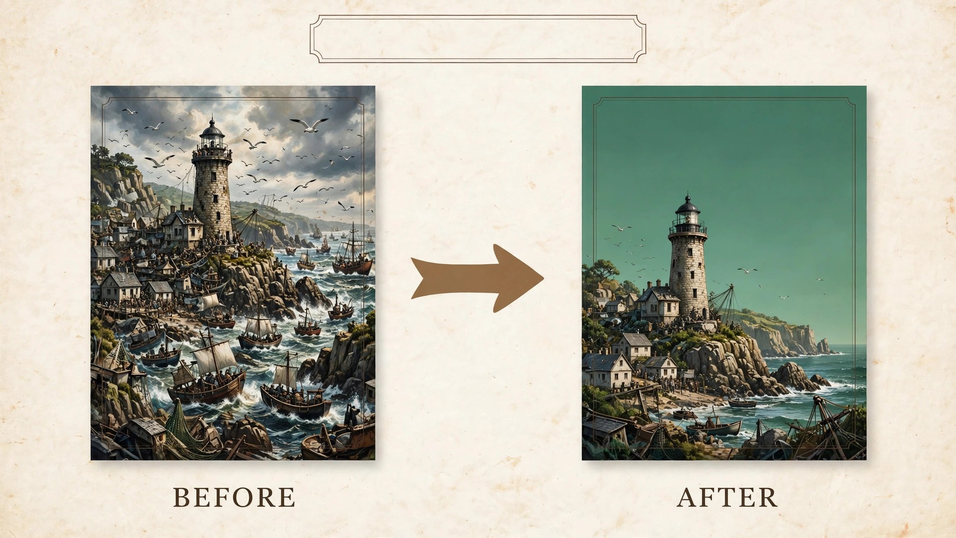 Before and after book cover showing a busy scene revised with calm title space