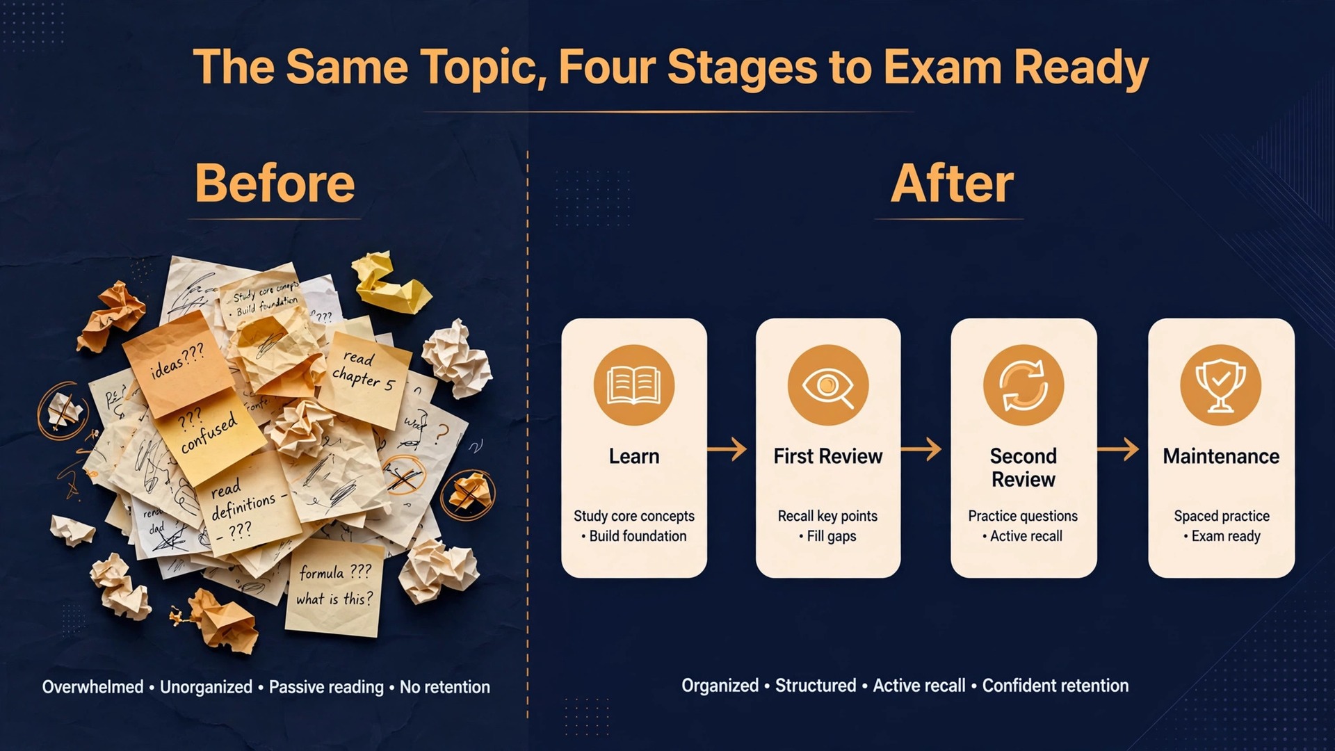 Before and after spaced review cycle stages for a revision topic