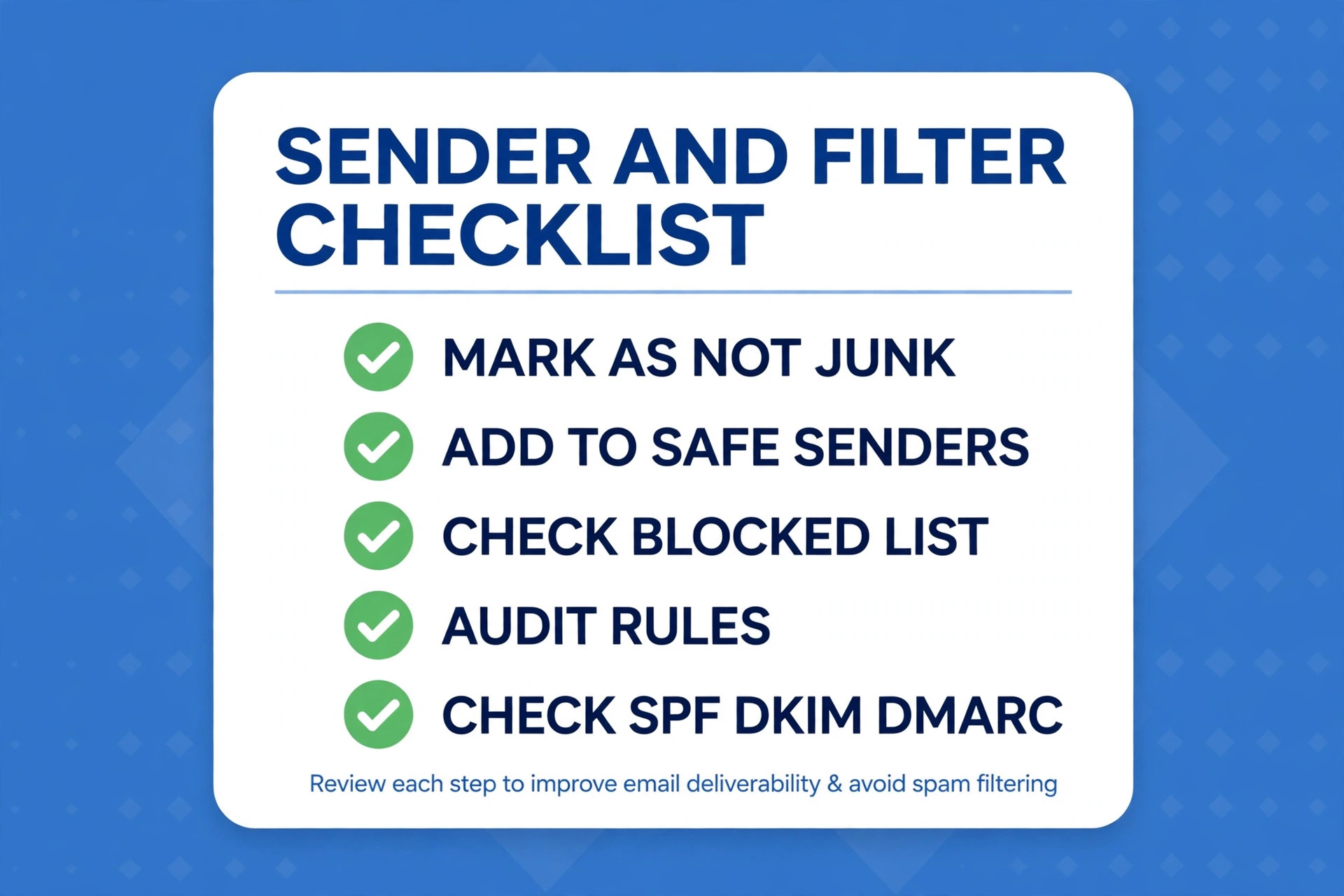 Checklist card for fixing Outlook emails going to spam