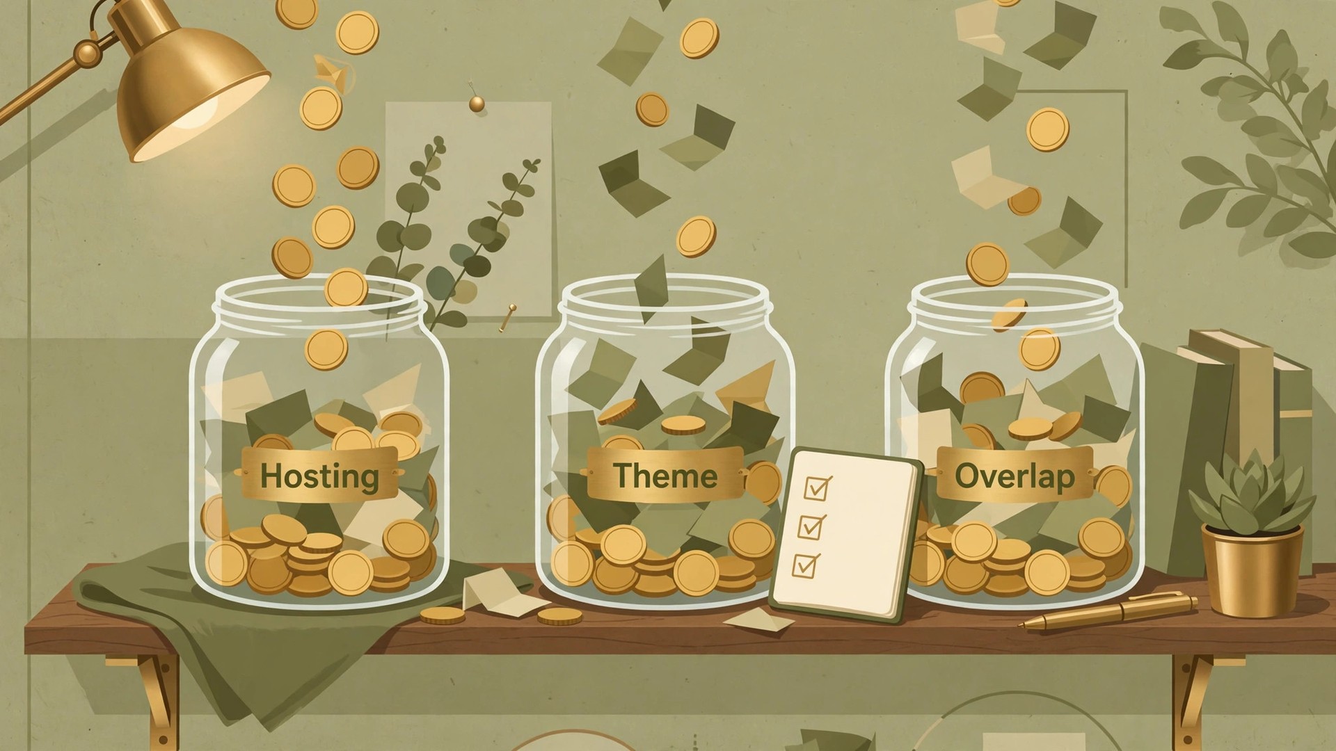 Three glass jars labelled Hosting, Theme and Overlap filling with coins beside a ticked notebook