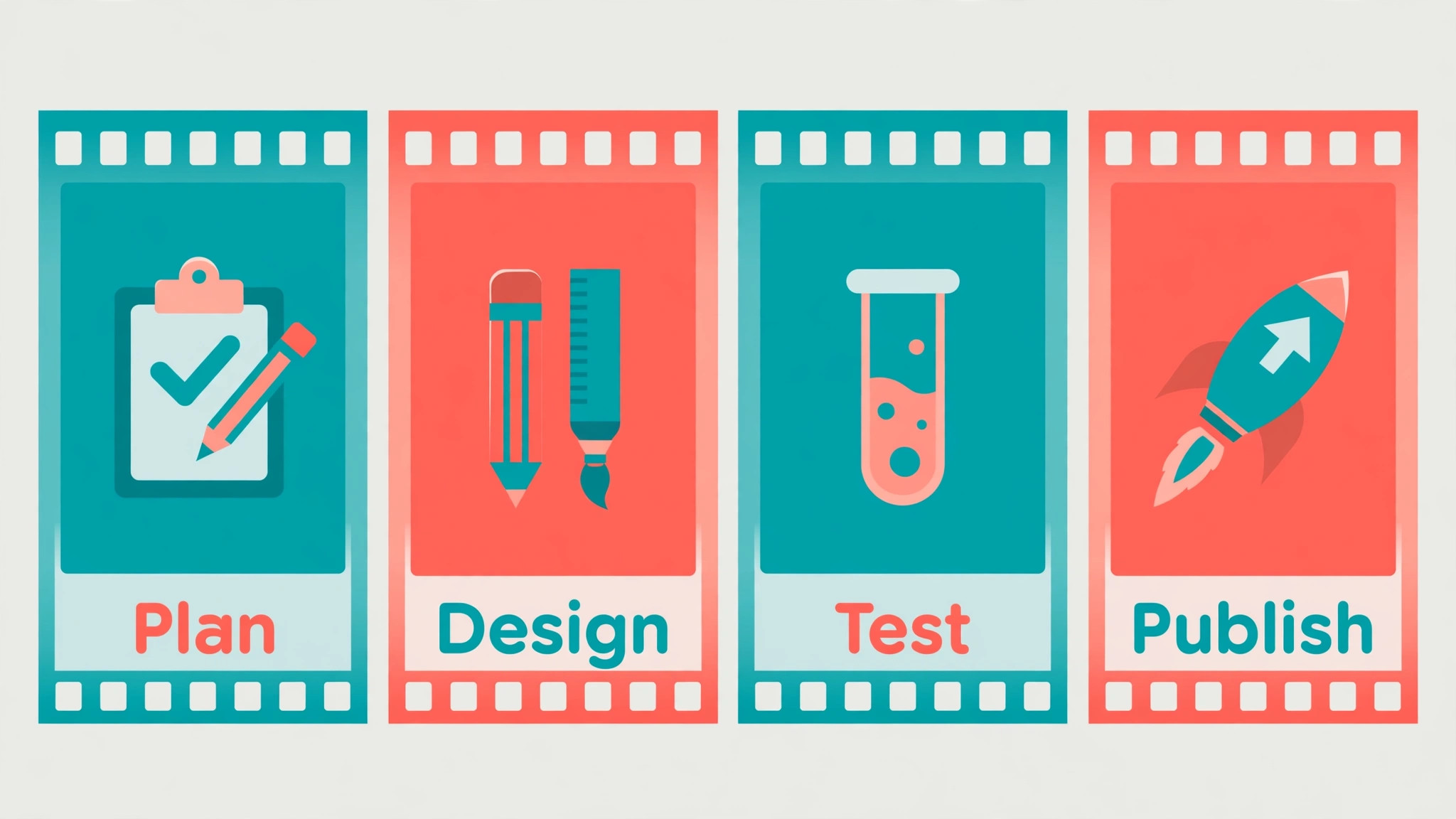 Film strip showing plan, design, test and publish stages for thumbnails