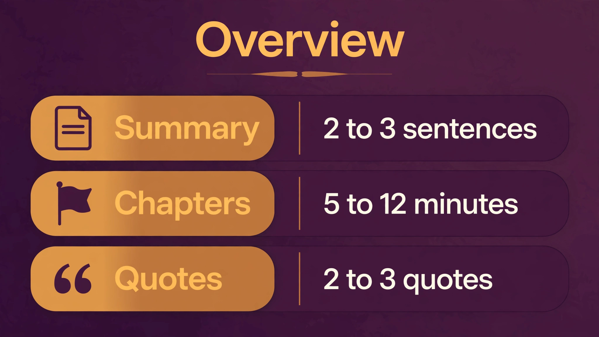 Table comparing show-note formats: summary of 2 to 3 sentences, chapters of 5 to 12 minutes, and 2 to 3 quotes