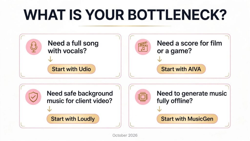 Decision flowchart, pick the right Suno alternative for your bottleneck