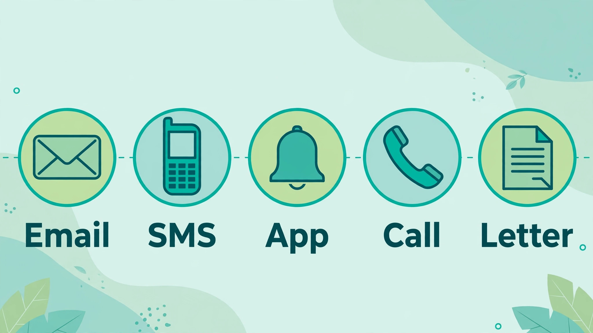 Five reminder channels: email, SMS, app notification, call, and letter
