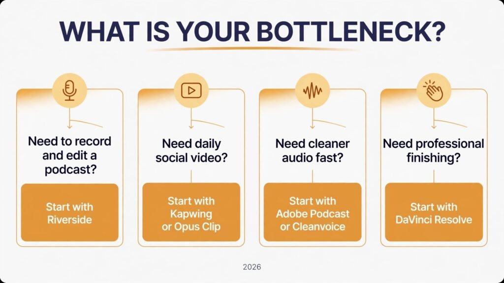 Decision flowchart, pick the right Descript alternative for your bottleneck