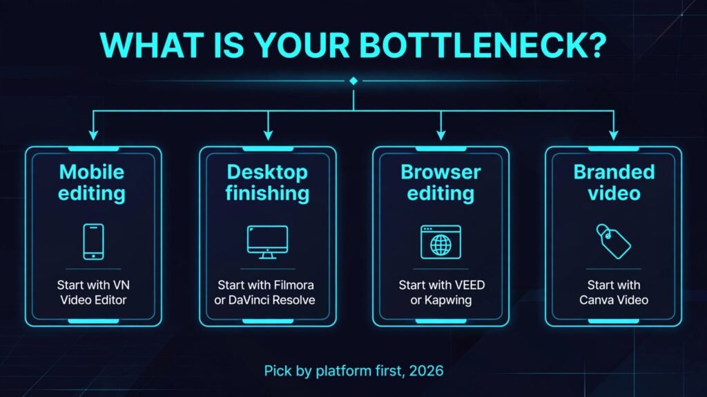 Decision flowchart, pick the right CapCut alternative for your bottleneck