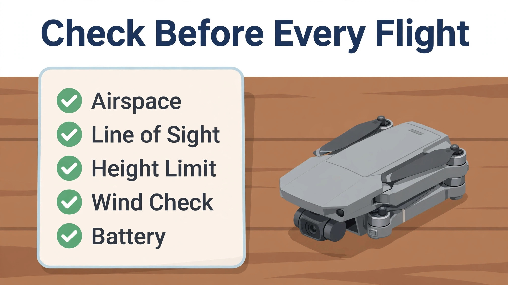 Preflight checklist covering airspace, line of sight, height, wind and battery