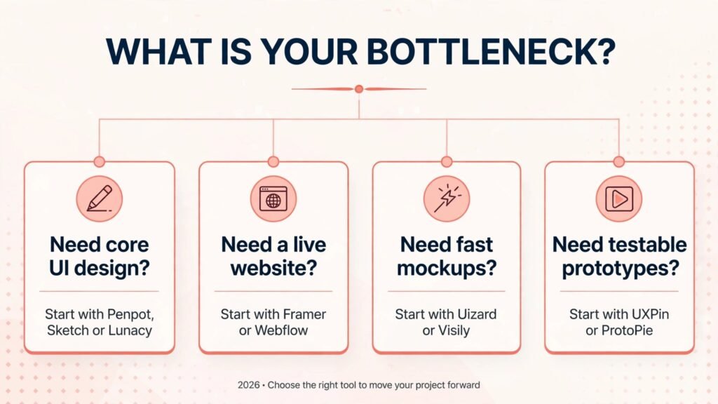 Decision flowchart, pick the right Figma alternative for your bottleneck