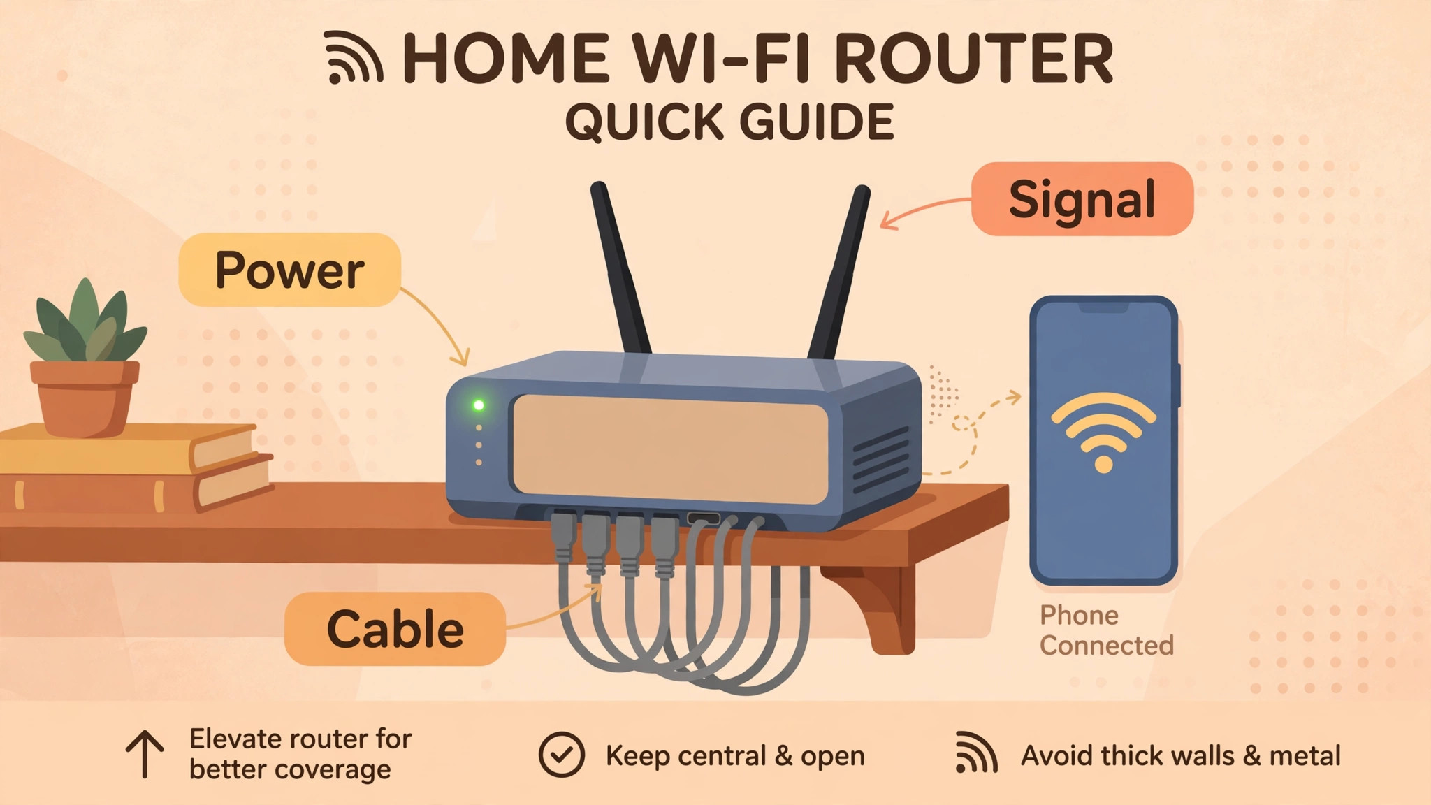 Home Wi-Fi router diagram labelling the power light, cables and signal position