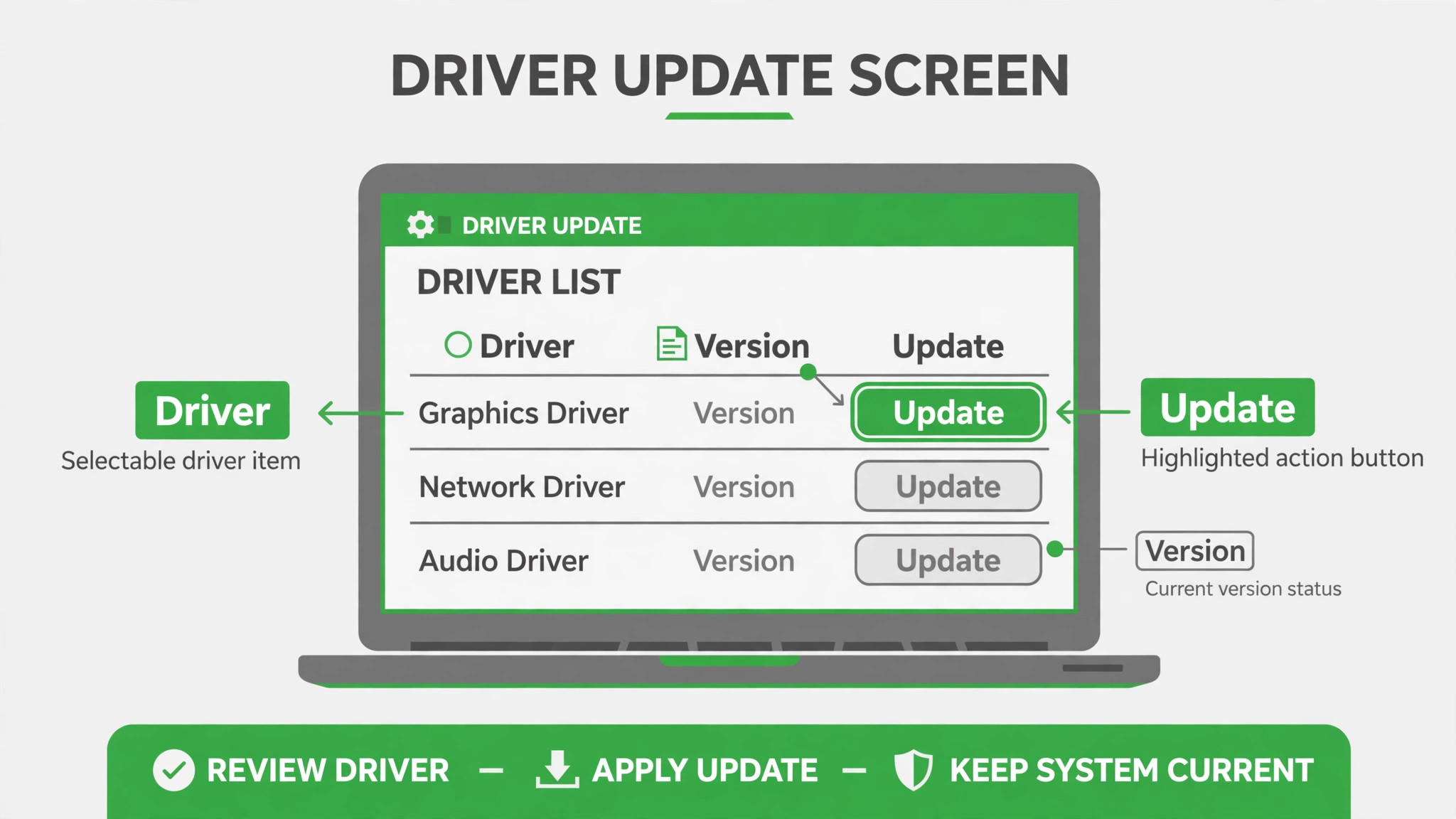 Driver update screen mockup labelling the driver list, version column and highlighted update button