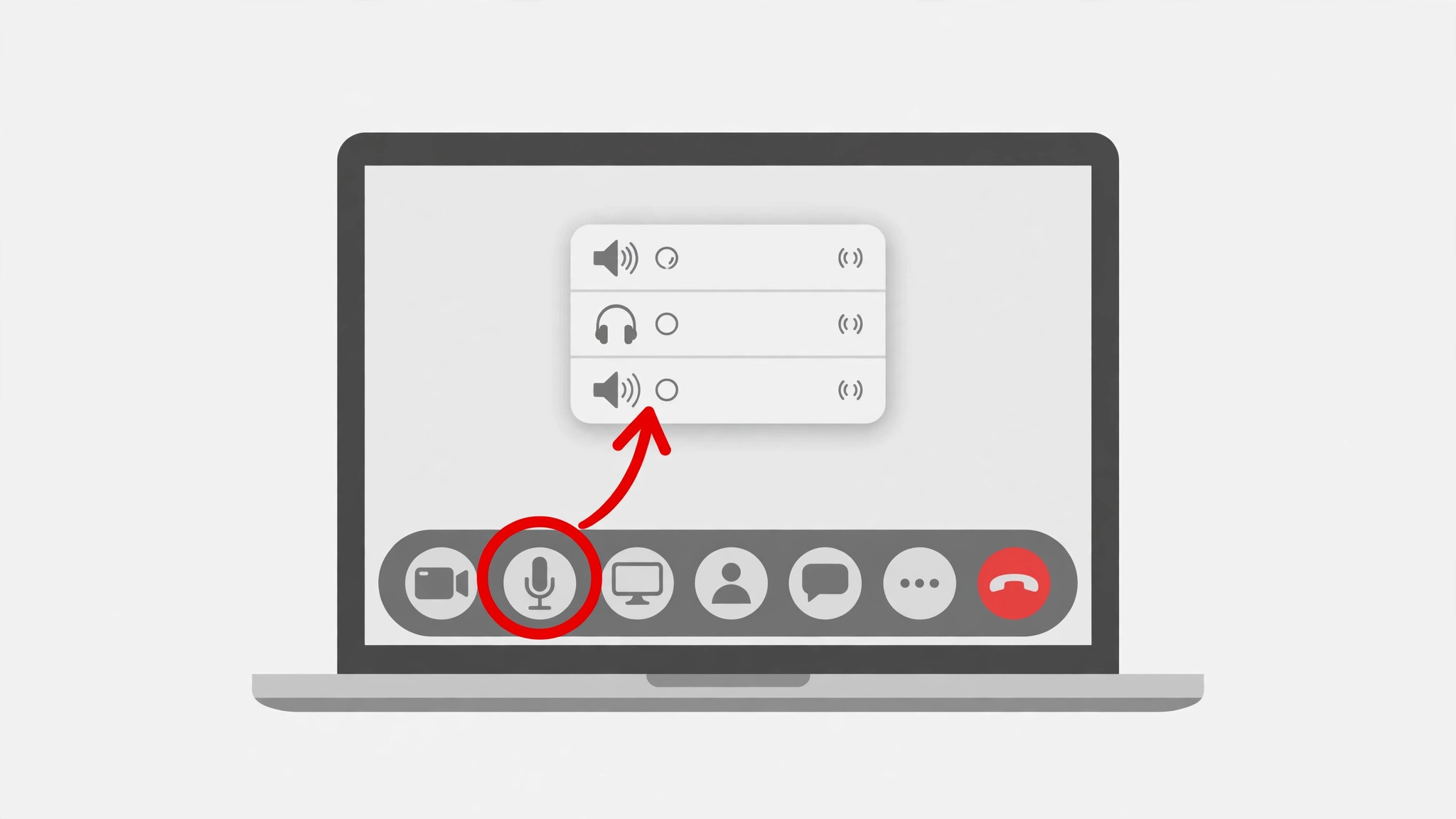 Laptop meeting toolbar with a red circle around the microphone button and a red arrow pointing to the speaker selector menu above it