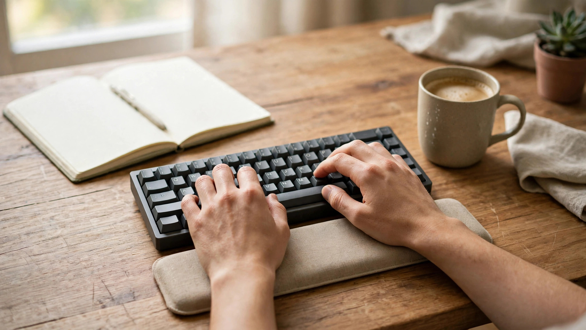 Desk setup mockup with hands typing, neutral wrists and wrist rest