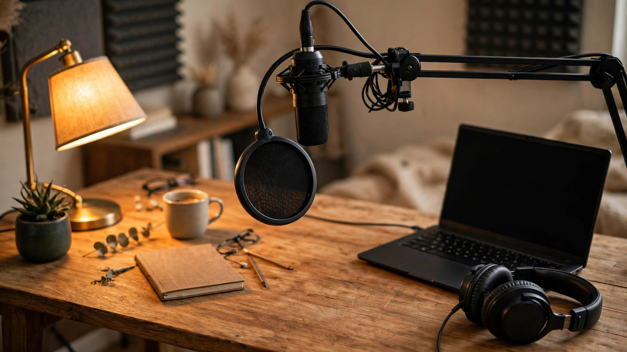 Desk setup mockup with microphone on a boom arm, pop filter, headphones and laptop