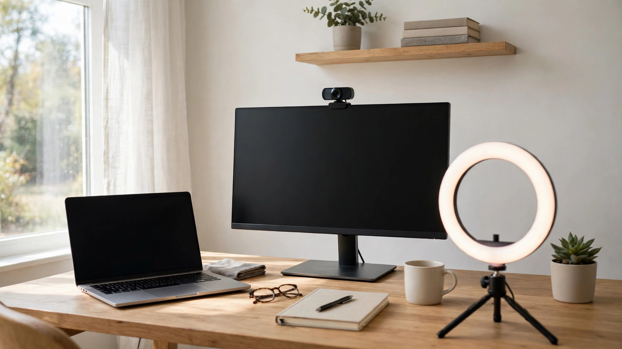 Desk setup mockup with webcam at eye level on a monitor, ring light and tidy desk