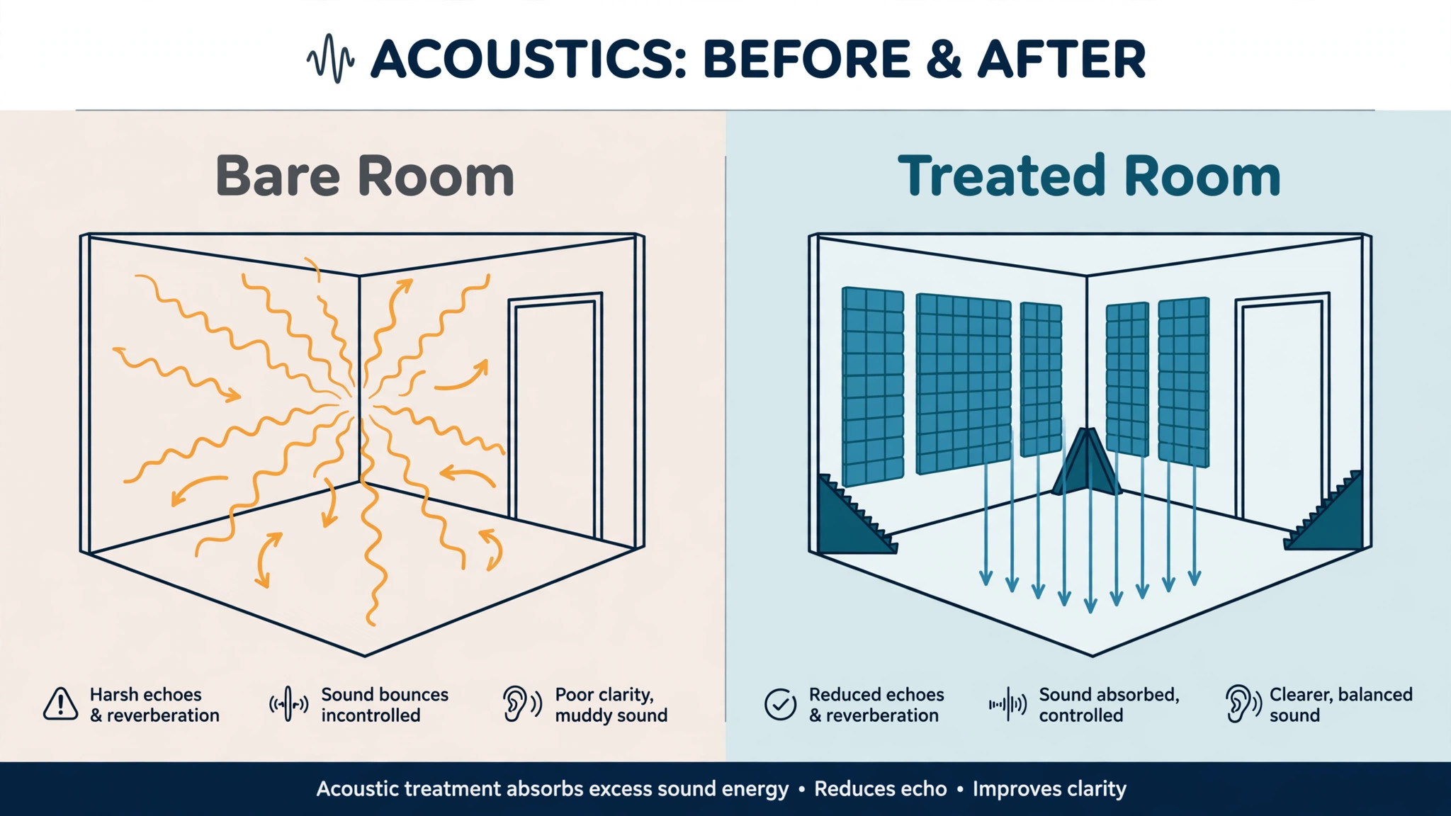 Before-and-after rooms, a bare room with echo lines versus a treated room with panels and calm lines