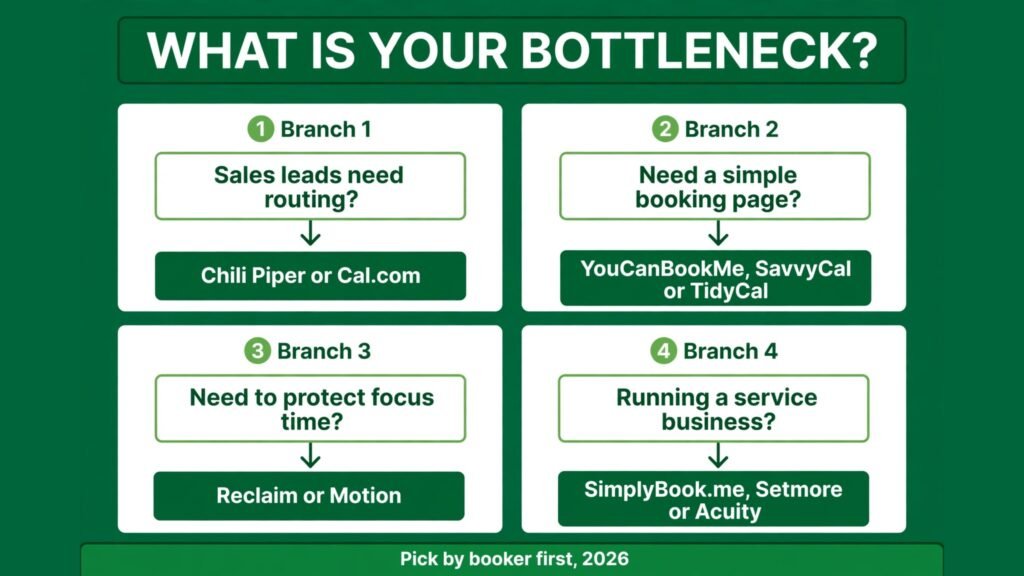Decision flowchart, pick the right Calendly alternative for your bottleneck