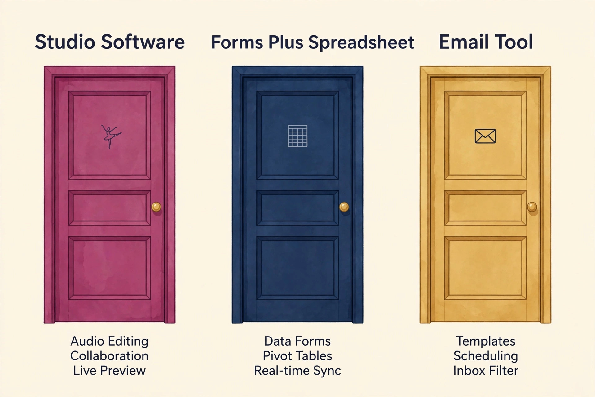 Three coloured studio doors comparing studio software, forms plus spreadsheet, and an email tool