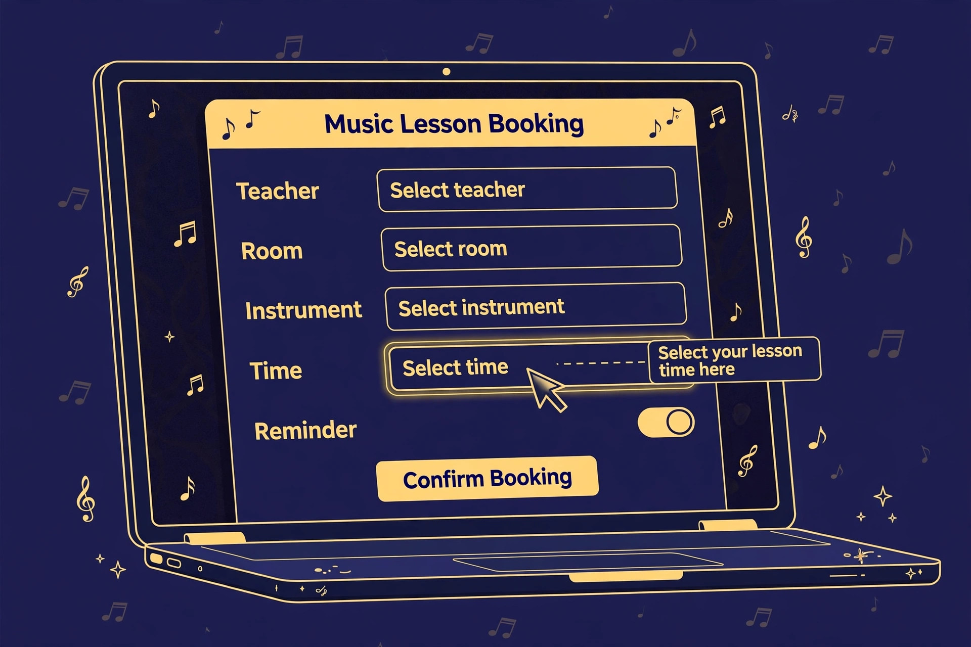 Example music lesson booking screen with fields for teacher, room, instrument, time and reminder, illustrating the kind of booking tool compared in this section