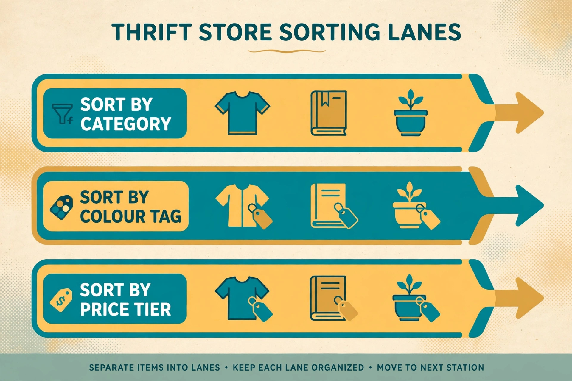 Three thrift sorting lanes comparing sorting by category, colour tag and price tier