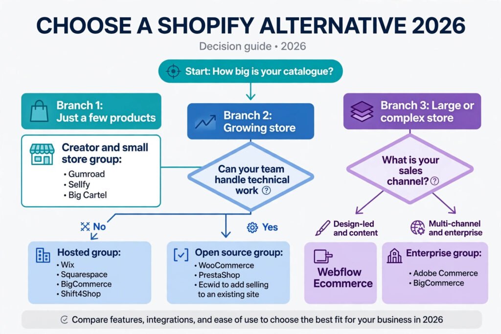 Decision flowchart for choosing a Shopify alternative