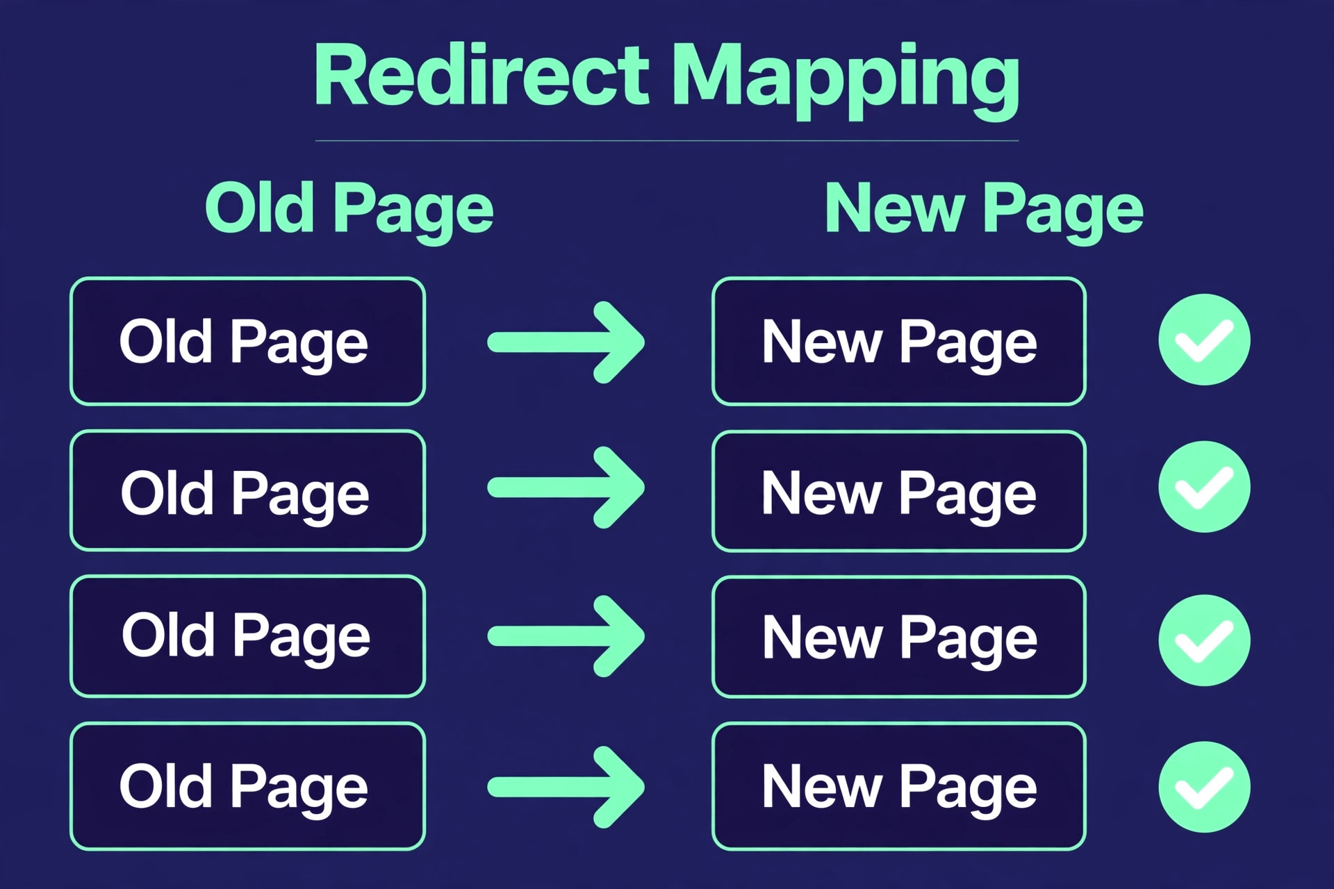 Redirect mapping diagram matching old pages to new pages with checklist ticks
