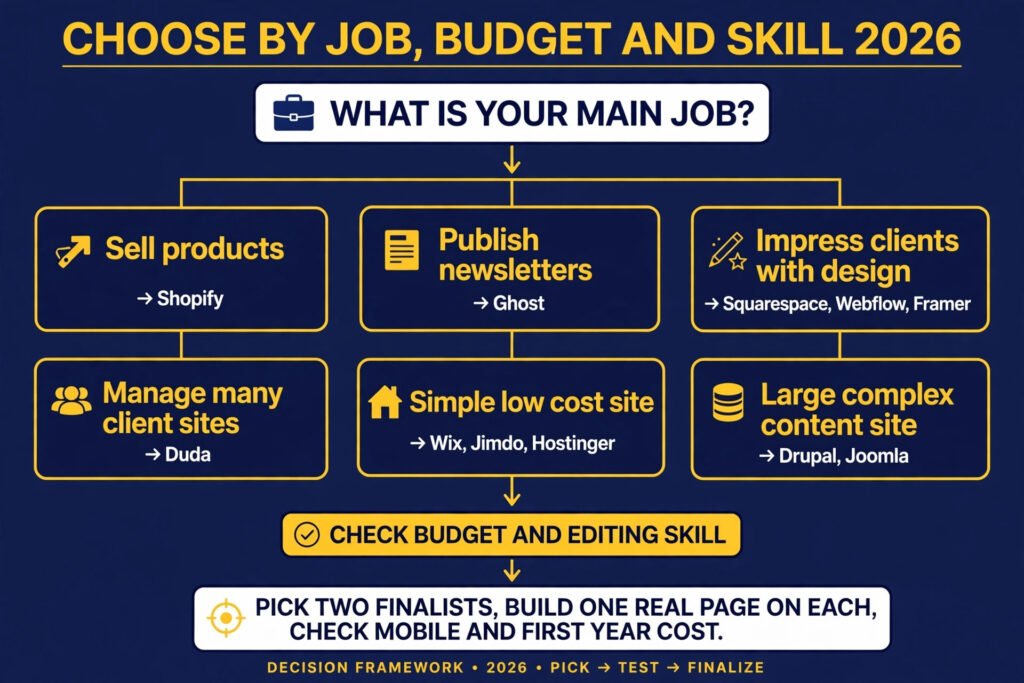 WordPress alternatives decision flowchart, choose by job, budget and editing skill