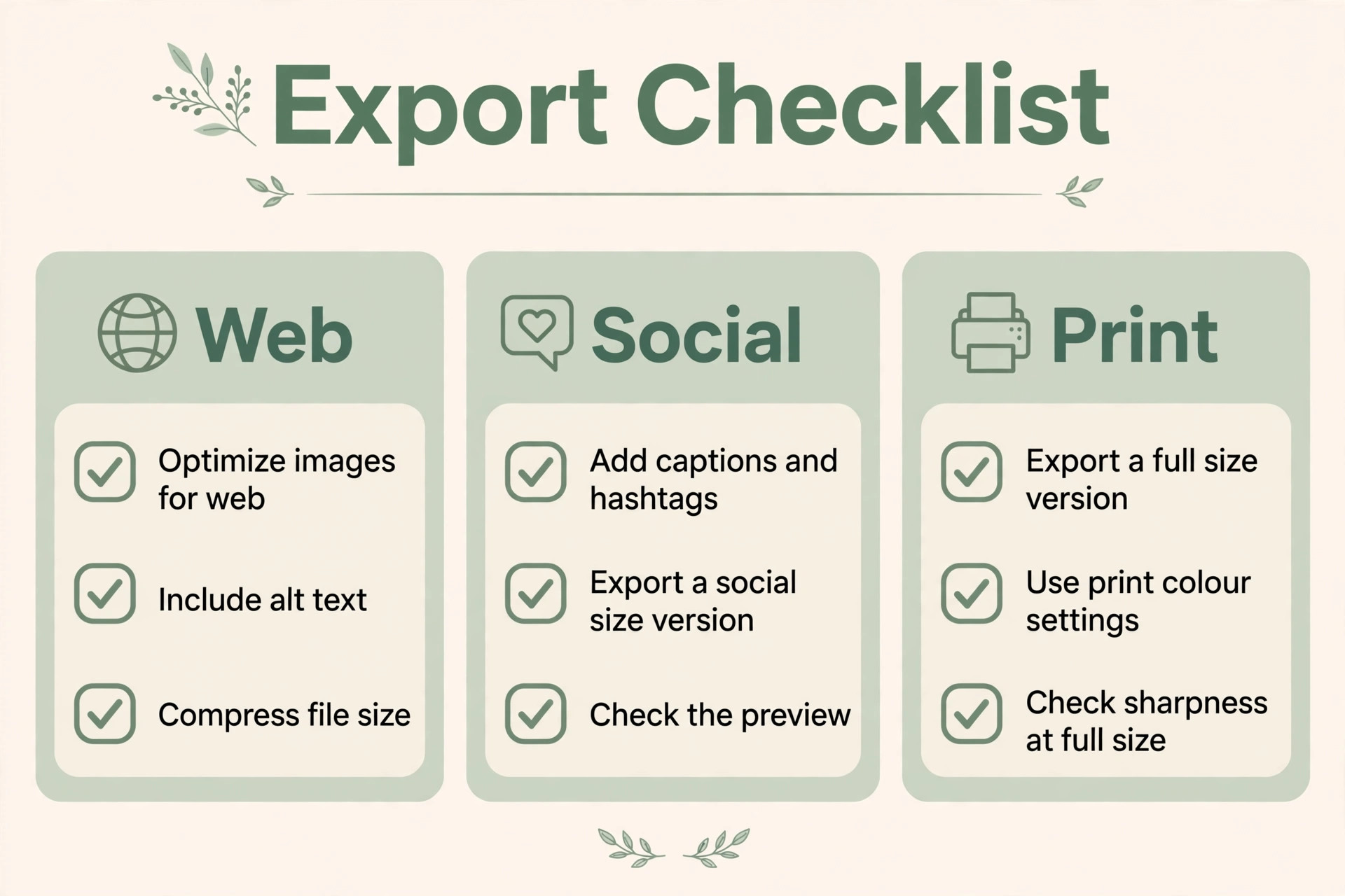 Export checklist for web, social and print