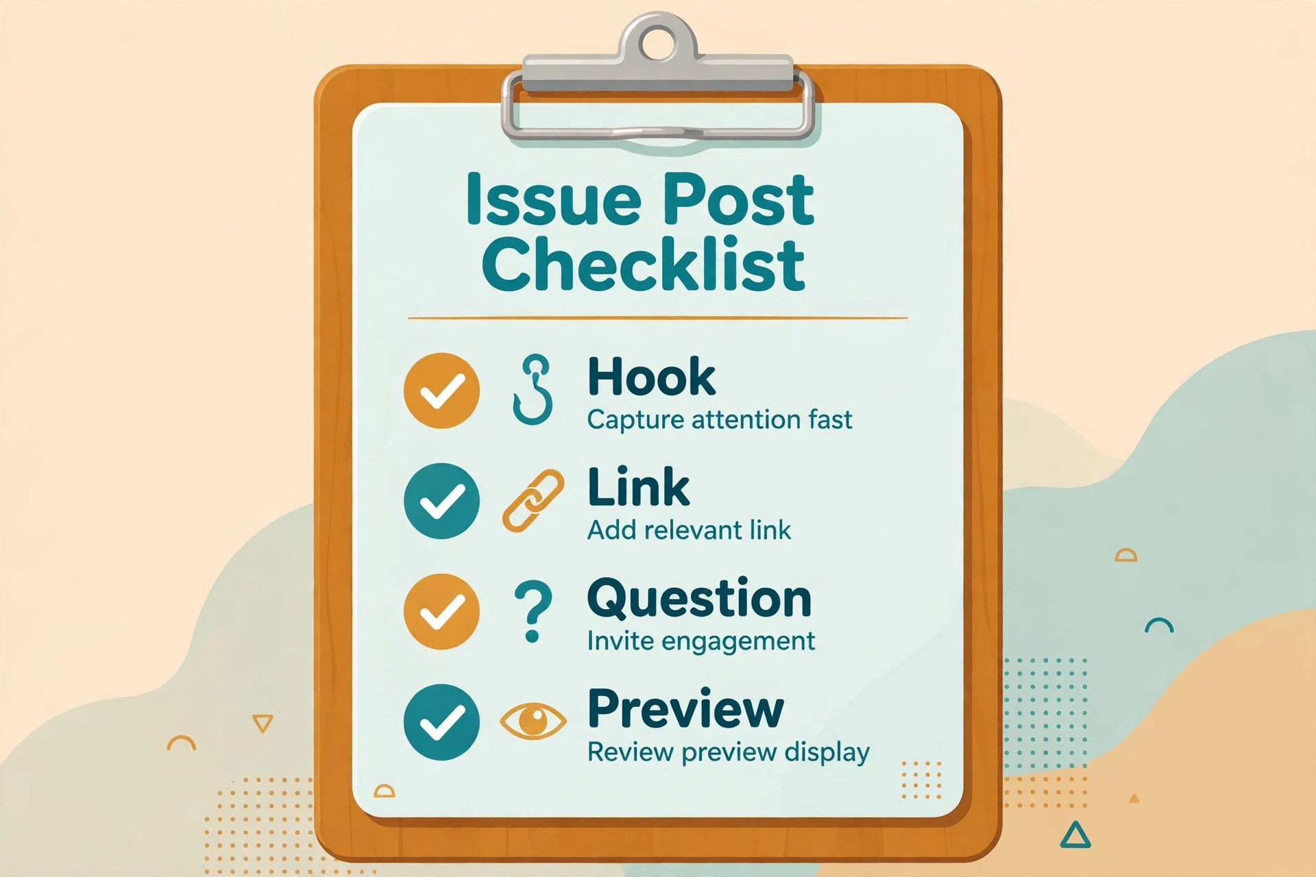 Issue post checklist with hook, link, question and preview