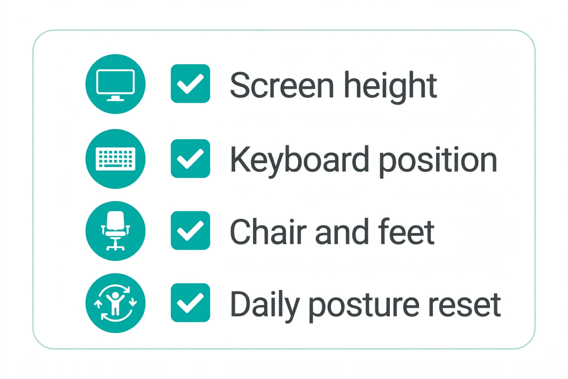 Height checklist with screen height, keyboard position, chair and feet, and daily posture reset checked off
