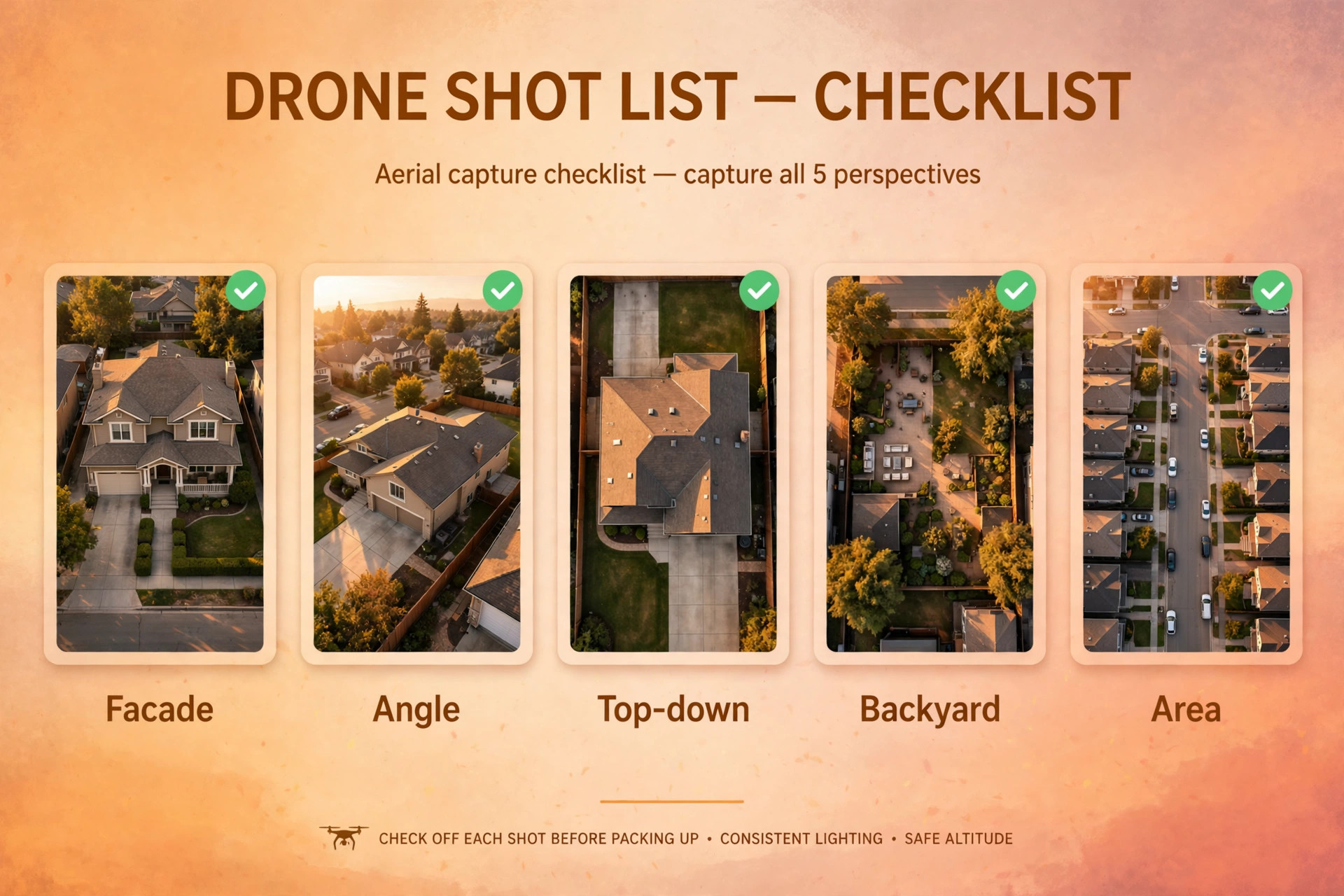 Shot list with facade, angle, top-down, backyard and area frames