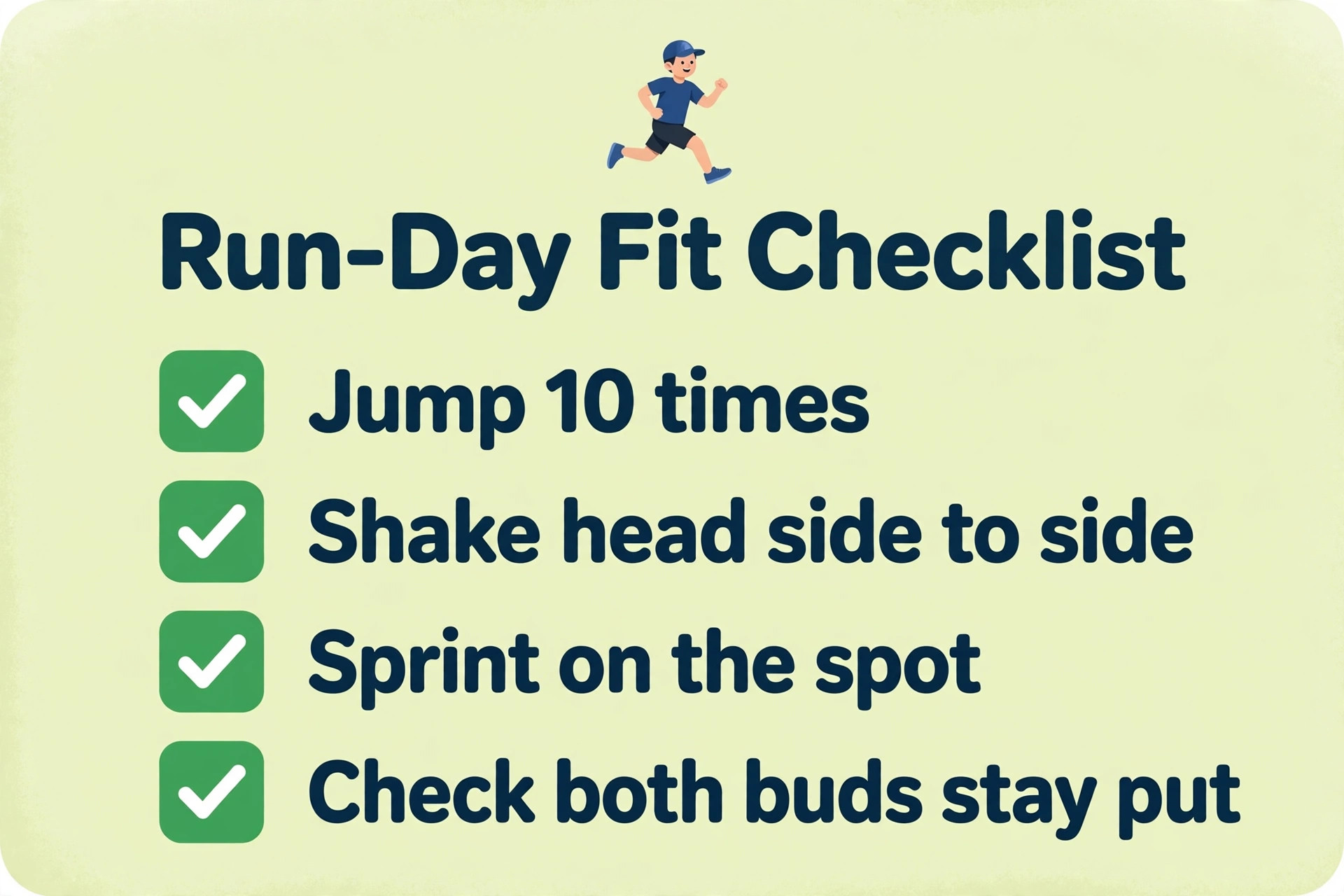 Run-day fit checklist with jump, shake and sprint tests