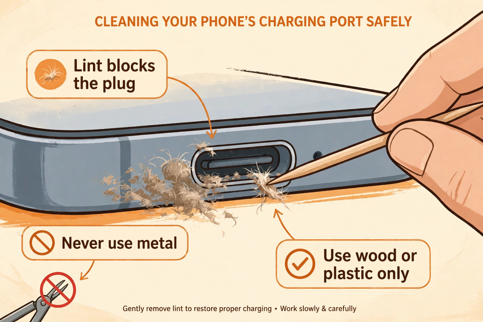 Close-up of lint being removed from a phone charging port with a wooden pick