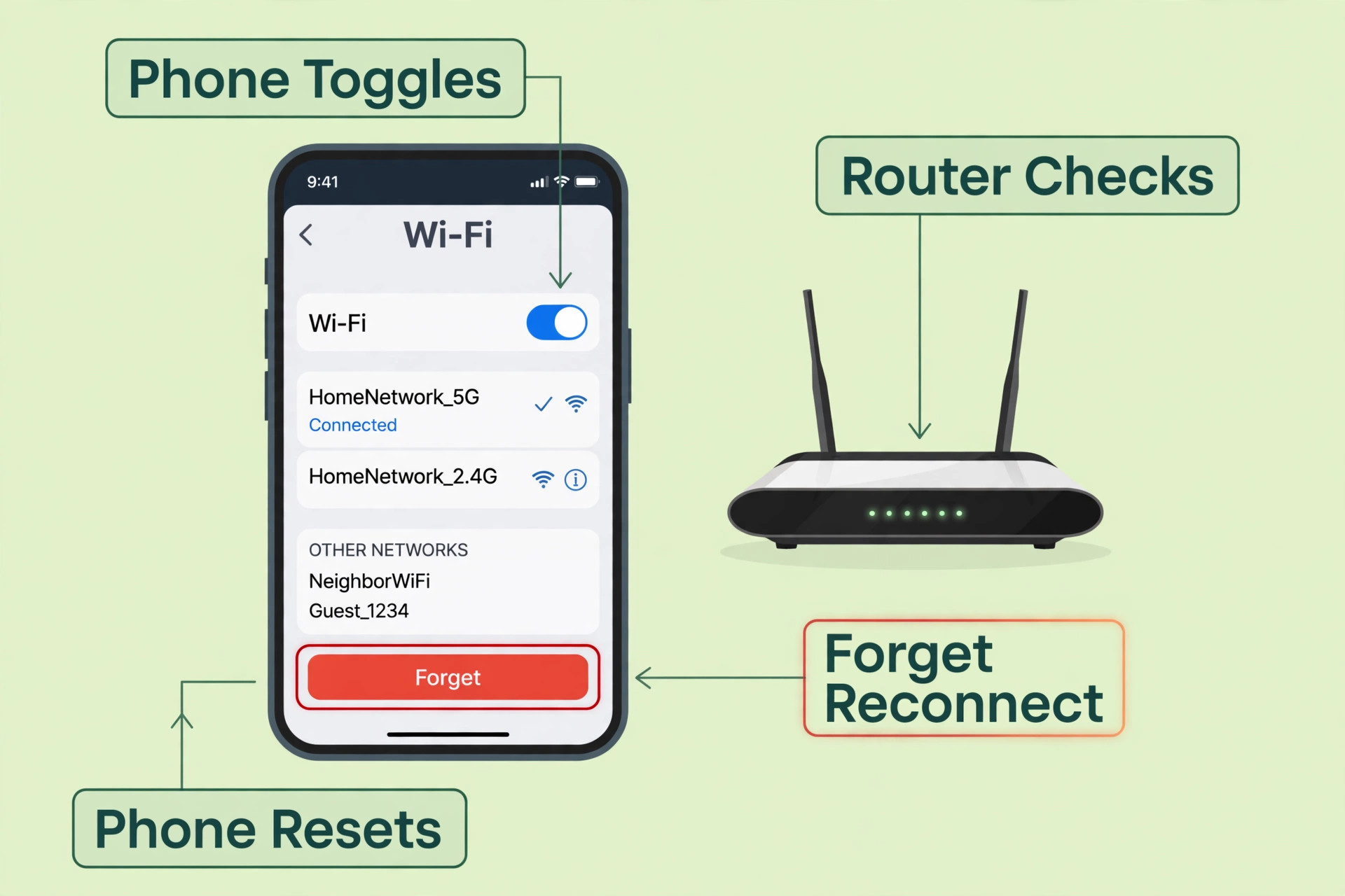 Annotated Wi-Fi settings screen with Forget button and router
