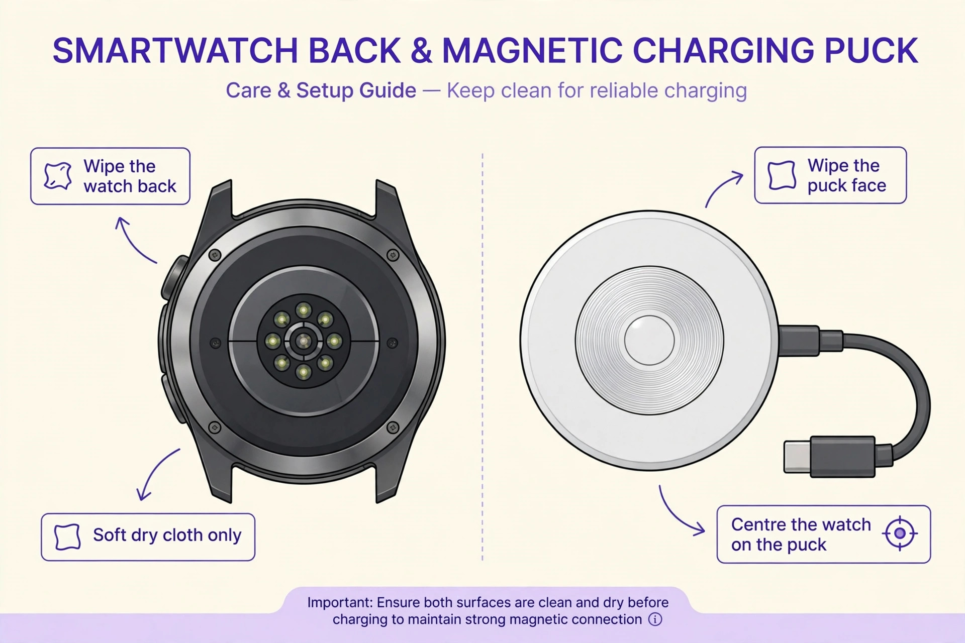Watch back and magnetic puck side by side with cleaning and centring callouts