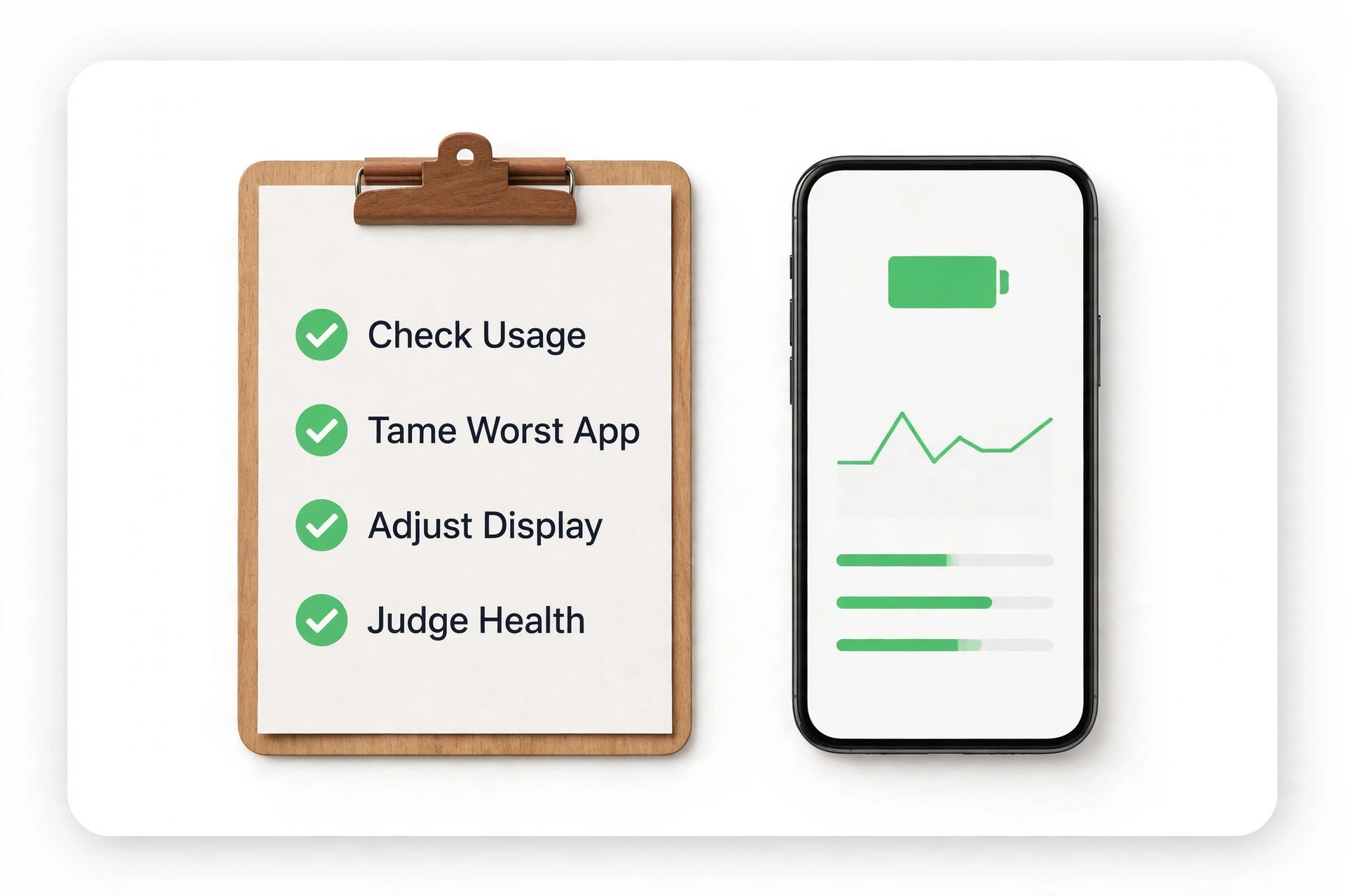 Clipboard checklist beside a phone showing battery usage bars