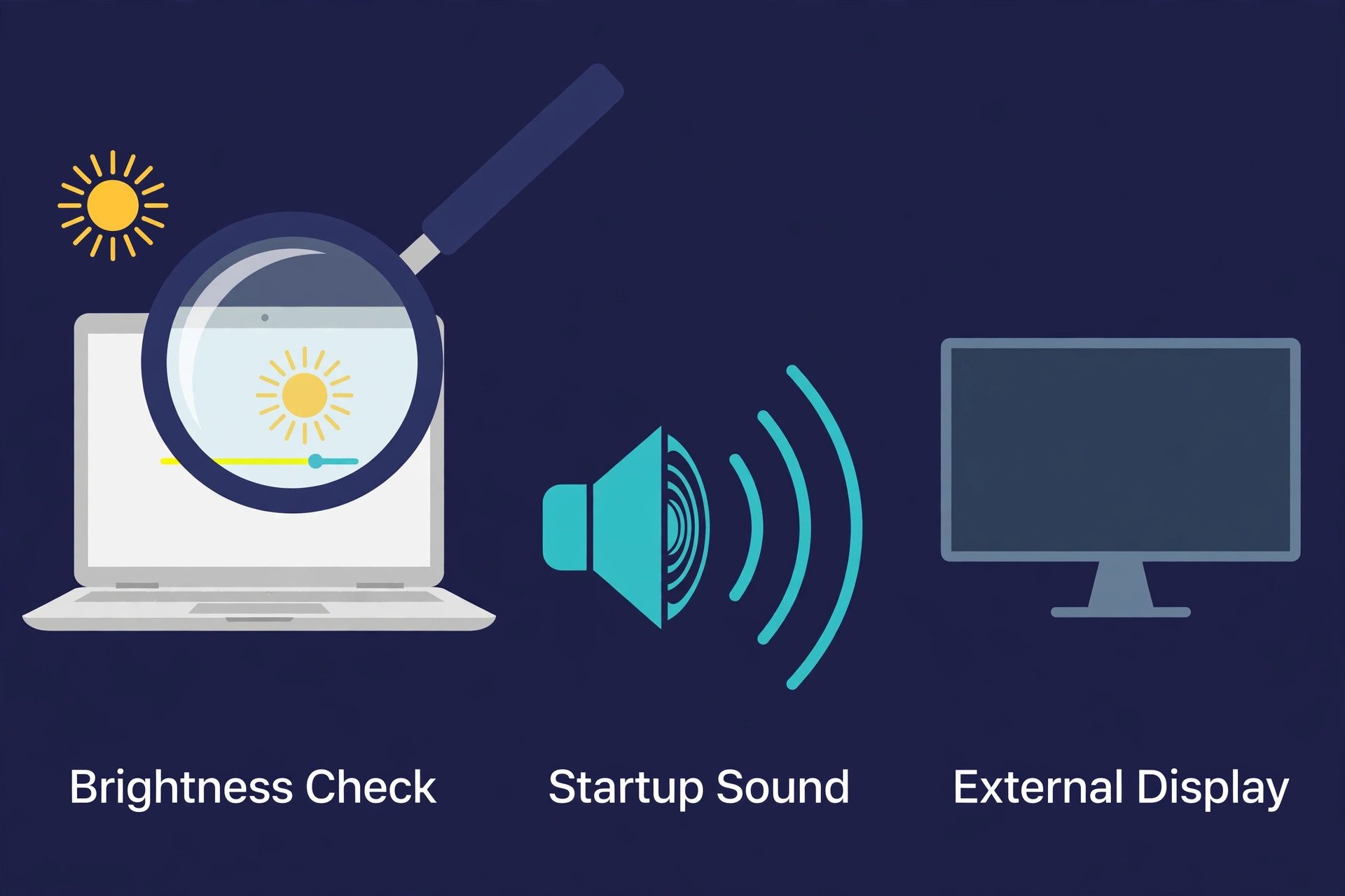 Magnifying glass over a laptop screen with brightness, startup sound and external display cues